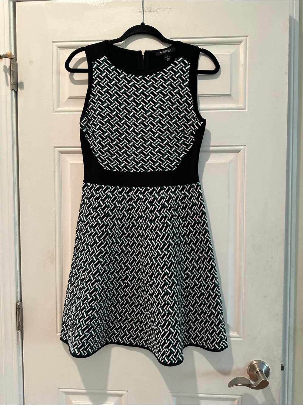 White House Black Market Black & White Geometric Fit-and-Flare Midi Dress